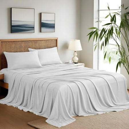 Twin Size Sheet Set, 100% Viscose Derived from Bamboo, Striped Jacquard Ultra Soft Cooling Sheets, 16" Deep Pocket, 3pcs Hotel Luxury Bed Sheets & Pillowcases, White