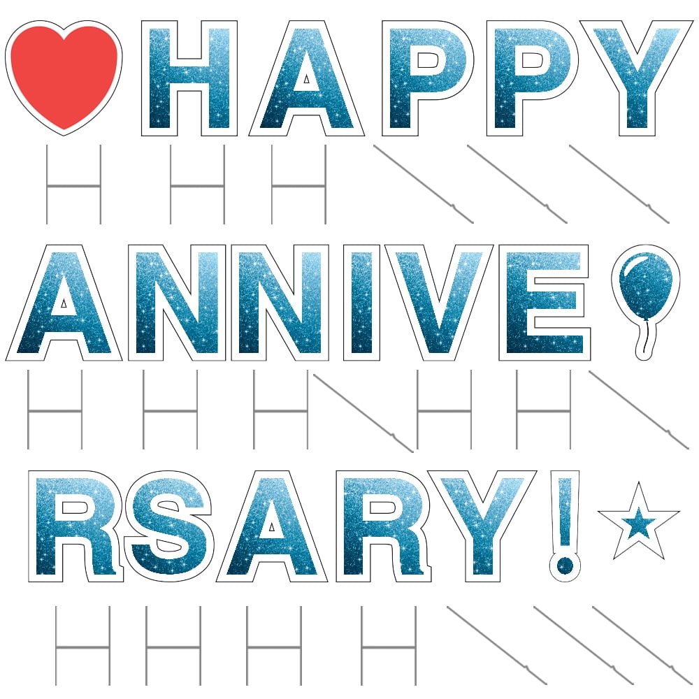 Vispronet Happy Anniversary Yard Signs with Stakes – Each Letter is 18in Tall – Made from Durable Coroplast - Weather-Resistant Signs and Steel Stakes (Faux Glitter Blue)