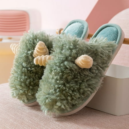 

Couple Women s Winter Indoor Home Cute Cartoon Wool Roll Plus Velvet Warm Thick Bottom Non Slip Cotton Slippers Green 7.5