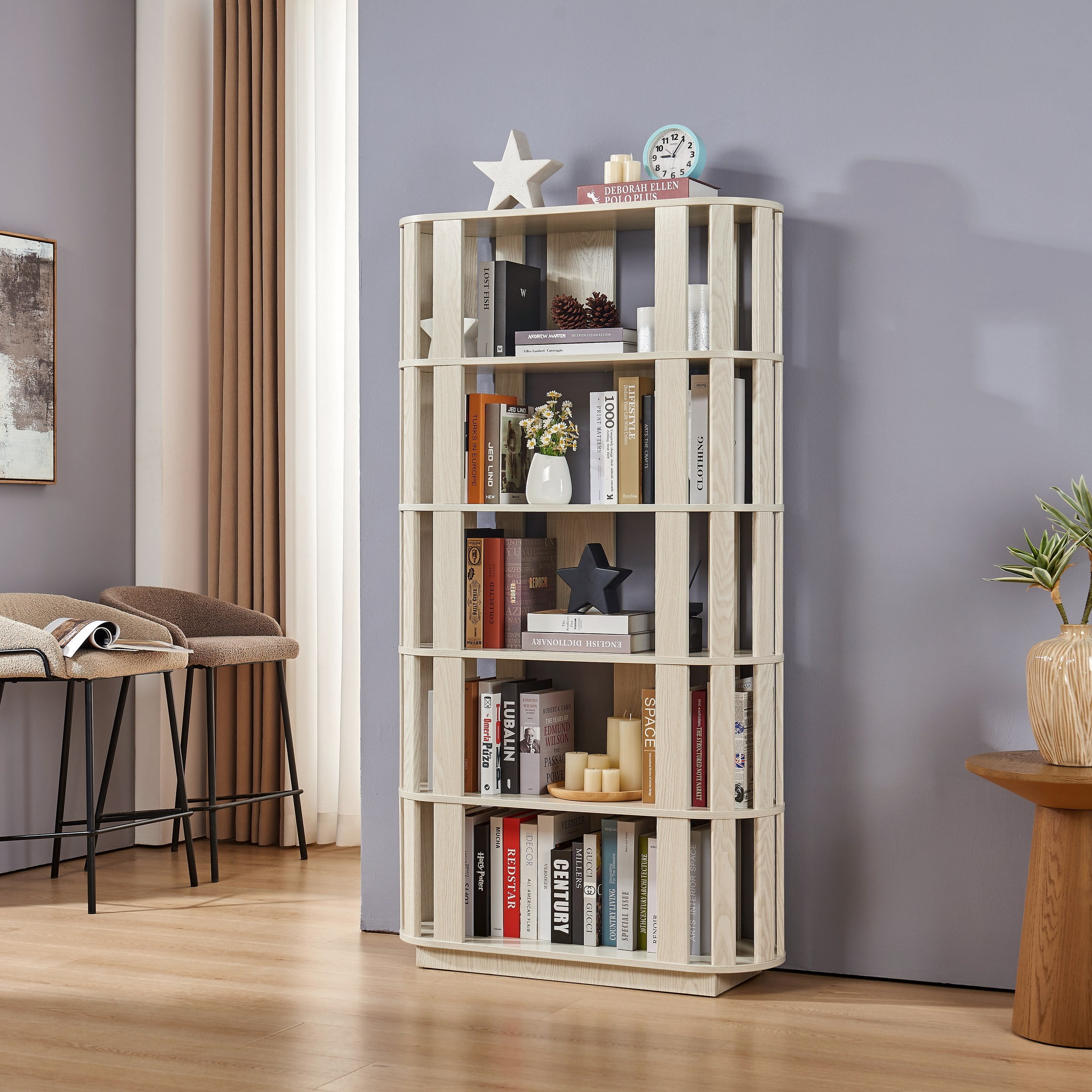 Wooden Oval Open Bookshelf, MDF Grid Frame Freestanding Bookcase, 5-Tier Easy Assembly Storage Display Rack for Living Room Home Office Decor, DIY Free Combination Storage Cabinet Study Room