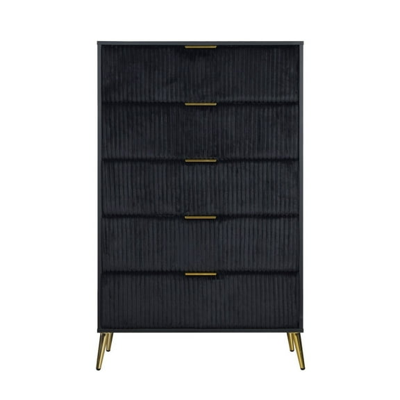 Benjara Moko 51 Inch Tall Dresser, 5 Soft Upholstered Drawers, Black, Gold