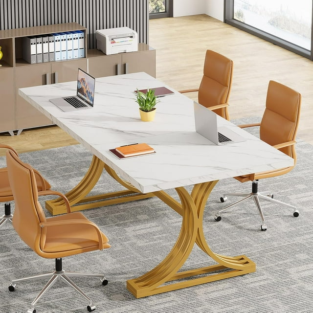 Tribesigns 63" Faux Marble Conference Table for 4–6 People, White Meeting Table with Gold Metal Legs, Modern Business Desk for Home Office Workspace