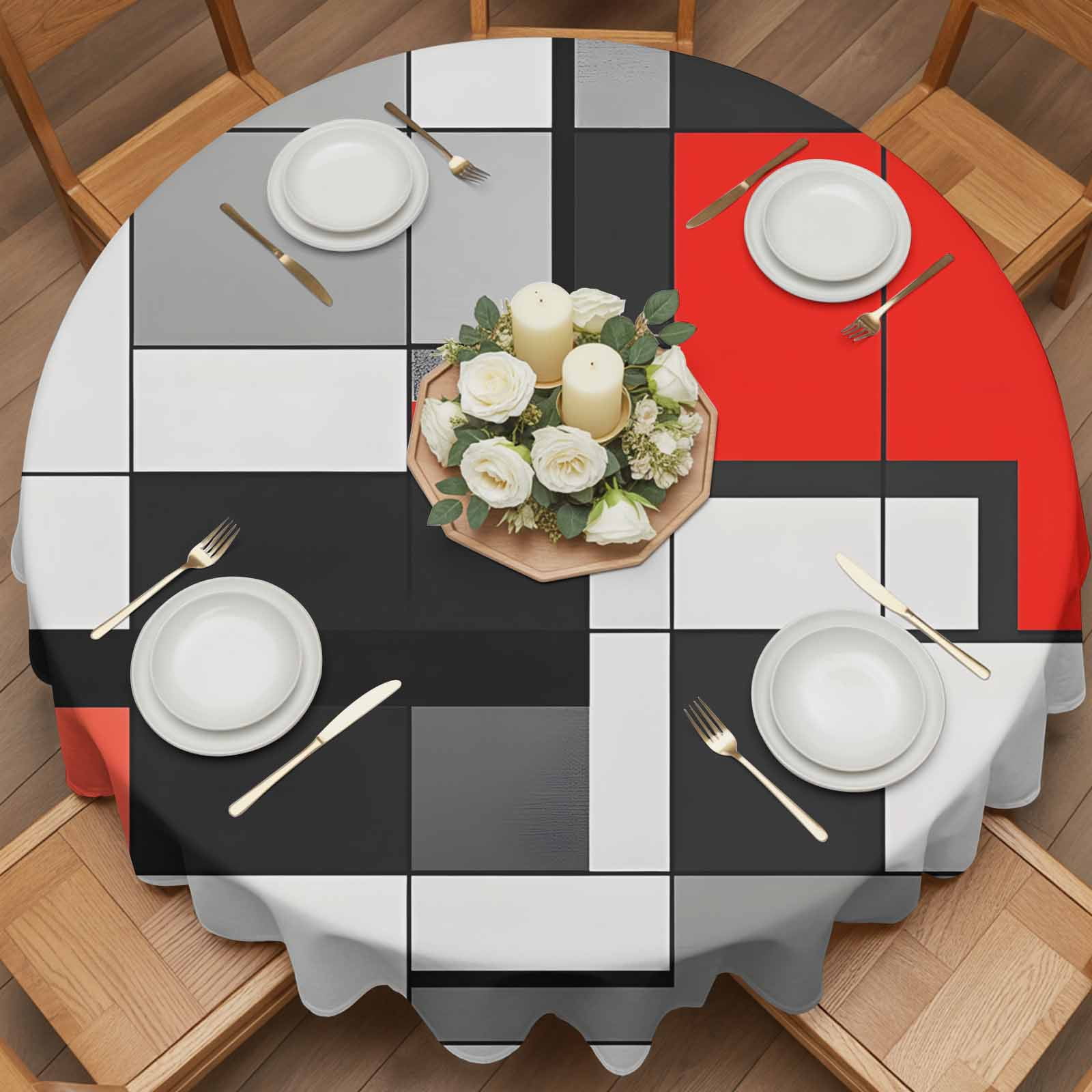Round Tablecloth Red Black Gray Squares Waterproof Oil Proof Polyester Table Cloth Cover Decor for Home Dining Outdoor,Patio,Parties, 54" Dia. Abstract Geometric Art