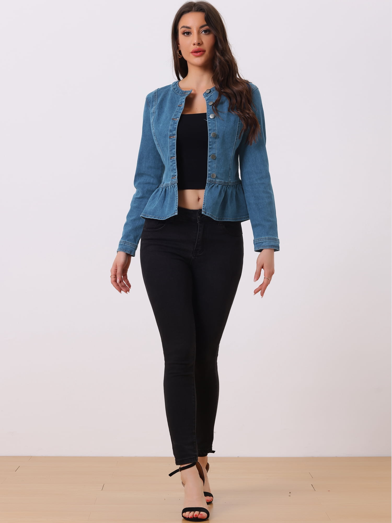 DARING DIVA Women's Button Down Cropped Ruffle Hem Denim Jacket L Denim Blue