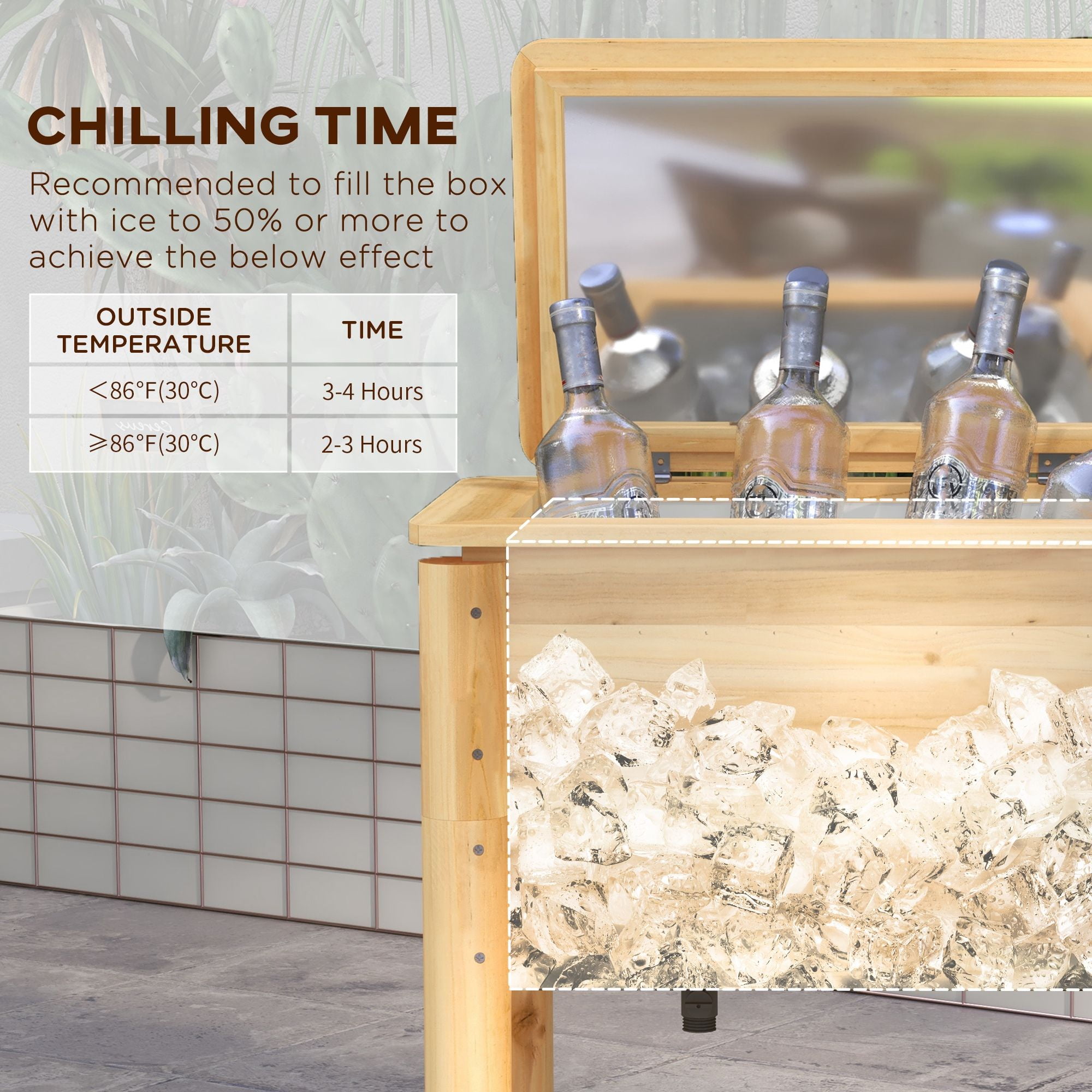 Portable Wooden Beverage Cooler with Bottle Opener, 54 Quart Outdoor Drink Cooler for Pool, Deck, Backyard & Tailgate Parties, Natural Finish