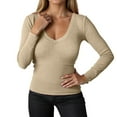 thumbnail image 2 of Lixiuxyad Women T-Shirt Ribbed Long Sleeve T Shirt Slim Fit V Neck Casual Stretchy Soft Comfortable Basic Tee Shirt For Daily Wear,Beige, 2 of 5