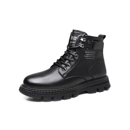 

SIMANLAN Men Leather Boot Lace Up Ankle Booties Round Toe Dress Bootie Office Comfortable Short Boots Work Motorcycle Black with Warm Lining 7