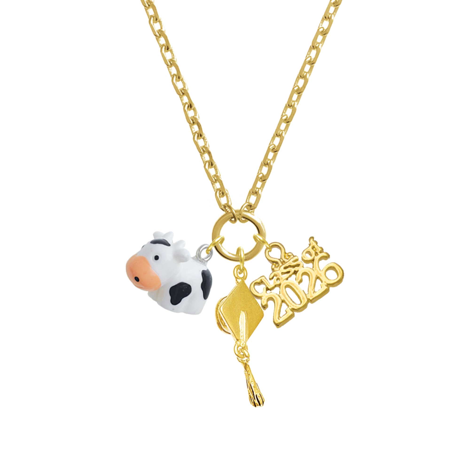 Delight Jewelry Resin Black and White Cow - Gold-tone Class of 2026 Graduation Zoey Charm Necklace, 28"