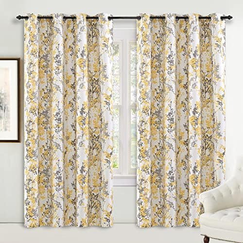 DriftAway Abstract Floral Yellow Curtains for Living Room Bedroom Kitchen Ink and Ivy 90 Inches Long Botanical Room Darkening Window Drapes Grommet Top 2 Panels
