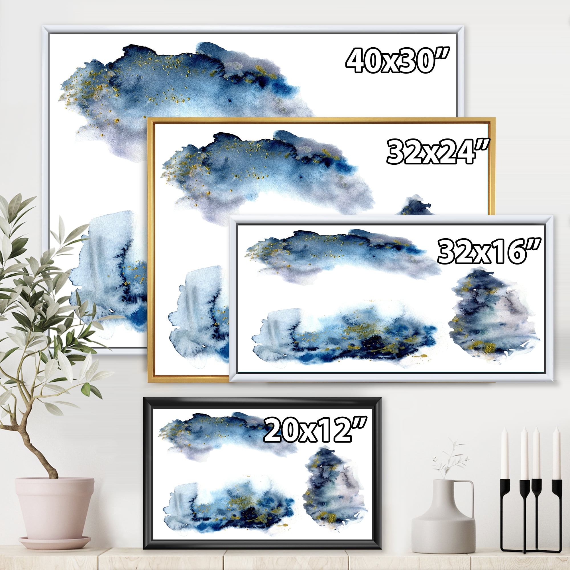 Gray and Blue Clouds With Golden Glitter 32 in x 24 in Framed Painting Canvas Art Print, by Designart