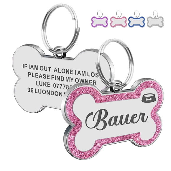 Placa de identificación para perro EDSG personalizada, hueso rosa con glitter, talla L 47 x 30 mm