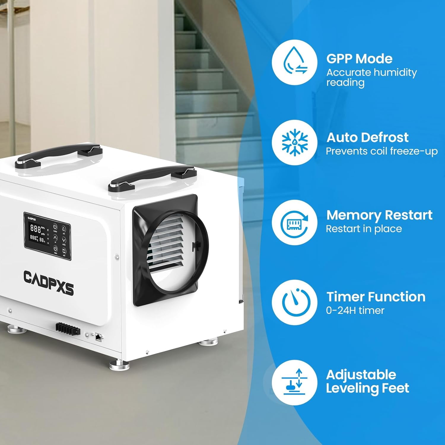 CADPXS Crawl Space Dehumidifier, 125 Pints Commercial Dehumidifiers with Drain Hose, Dehumidifier for Crawlspace, Basements & Water Damage Use, Auto Defrost & Memory Restart, cETL Listed