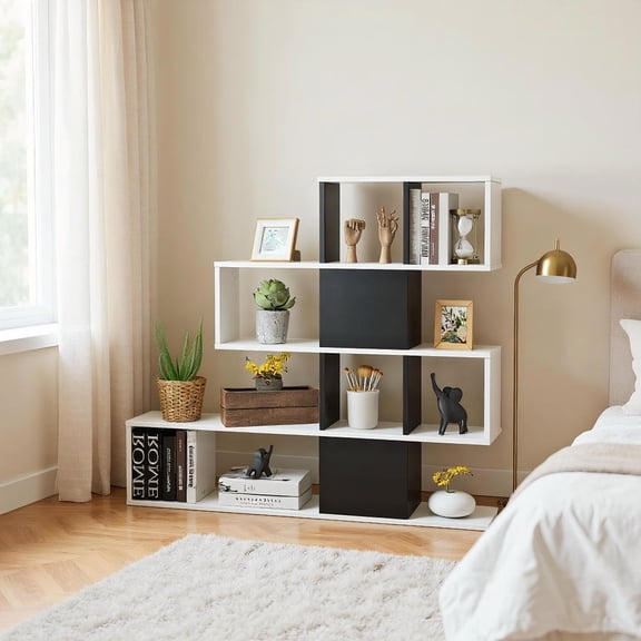 Topcobe 5-Tier Bookshelf Corner Ladder Bookcase with Storage Rack, Tall Bookshelf Modern Book Case for Books, CDs, Movies, Black & White