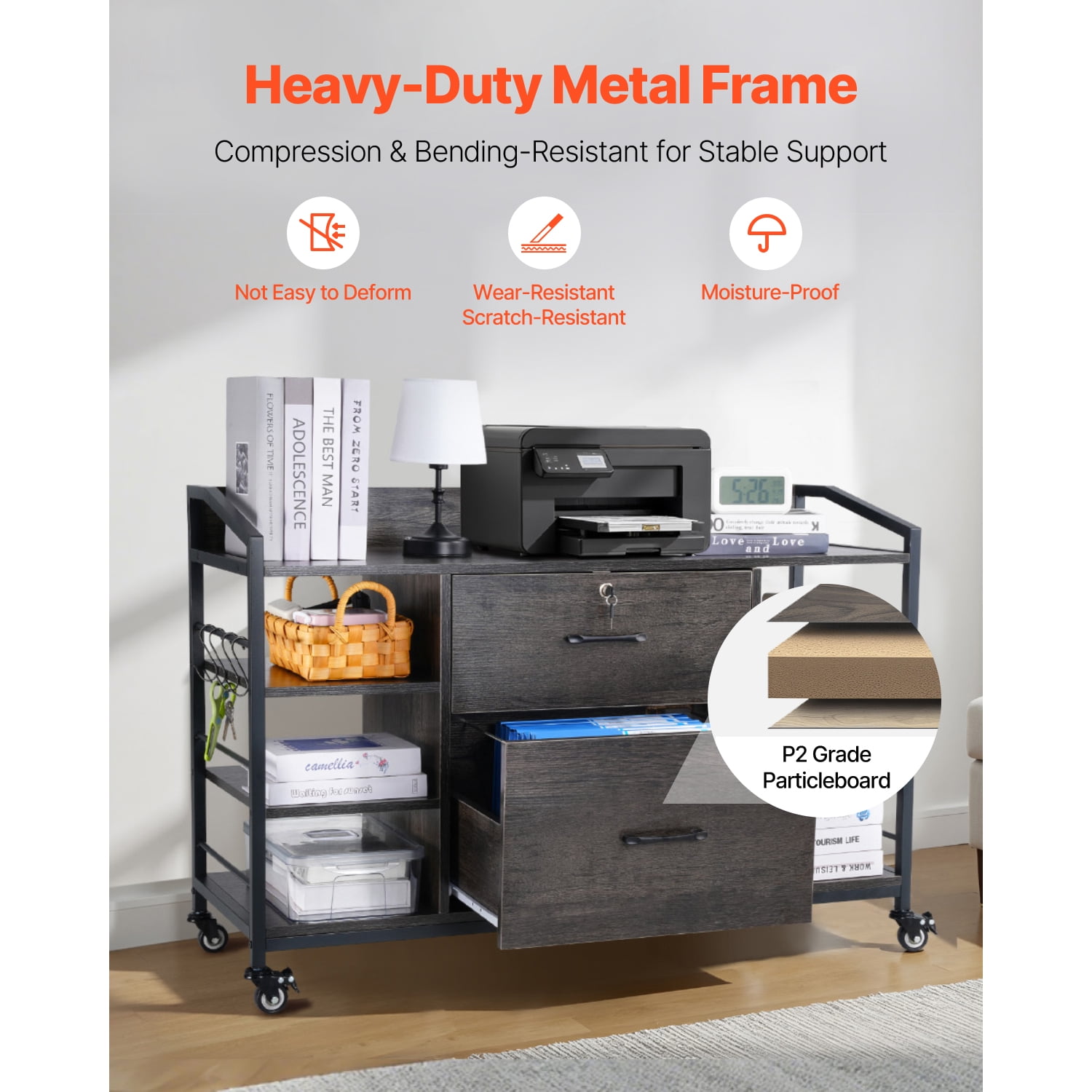 KFFKFF 2-Drawer Metal File Cabinet with Lock, Lateral Filing Cabinet with 6 Open Shelves, Wooden Wide Storage Cabinet with Power Strip for Letter, A4, and Legal Size Files, Easy to Assemble, Gray