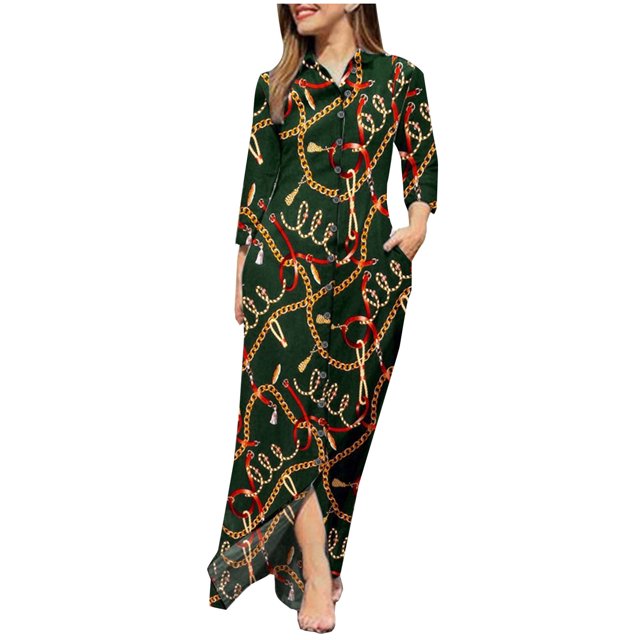 Chemises à Manches Longues pour Femmes Robe Maxi Imprimé Vintage Col Rabattu Boutonnée Robe Longue Décontractée avec Poches