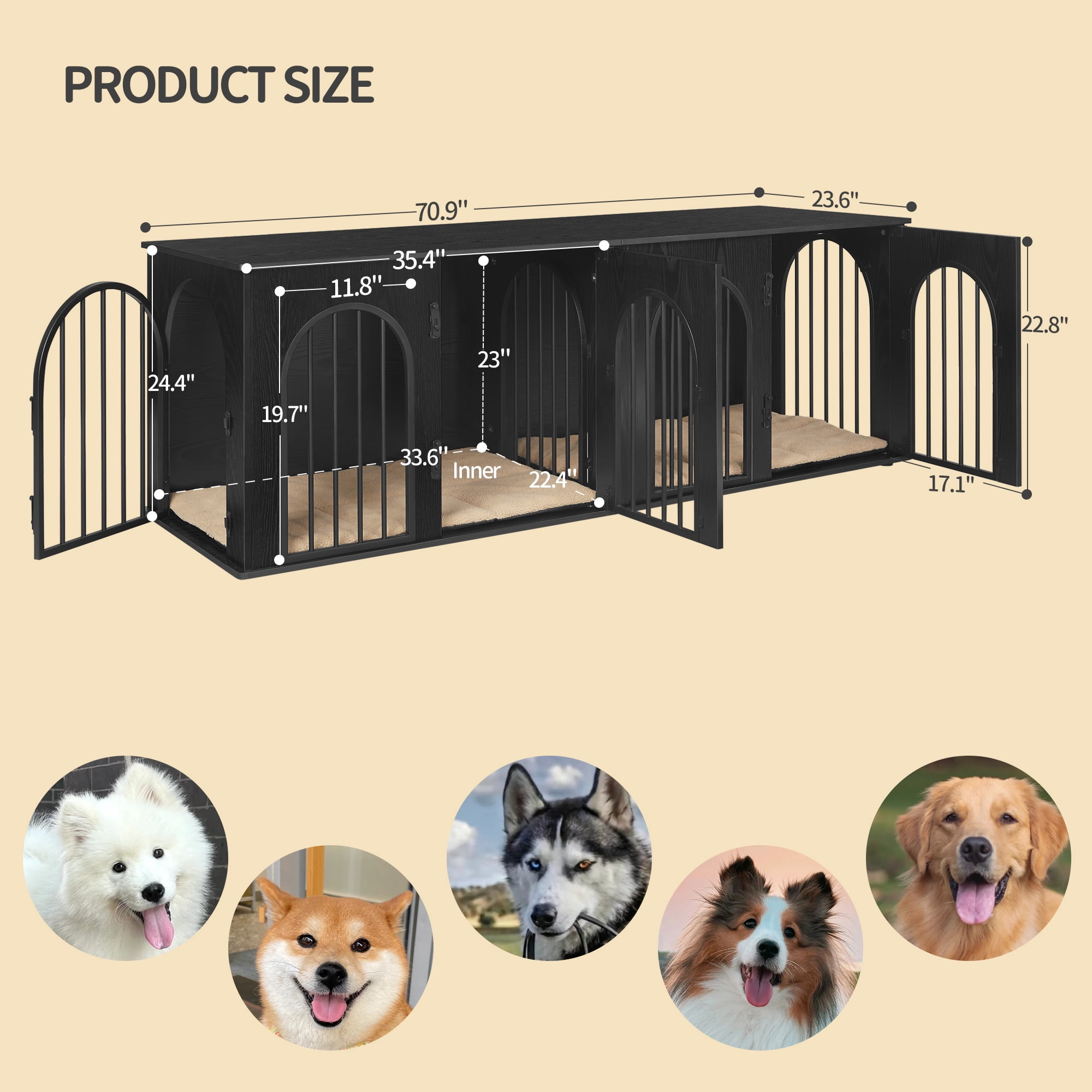 Dog Crate Furniture, 71" Heavy Duty Dog Kennels with Divider, Pads, Side Table, TV Cabinet