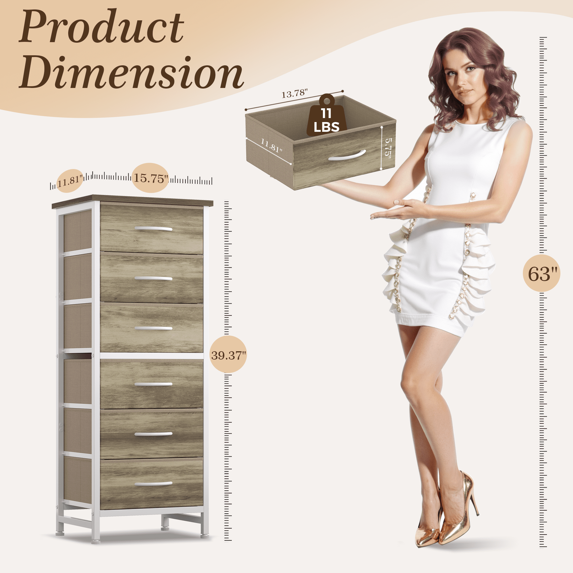 CONCETTA Tall Storage Dresser with 6 Fabric Drawers, Metal Frame with Cross Support Rods, Anti-Tip, Wood Top for Bedrooms, Offices and Compact Spaces, Oak
