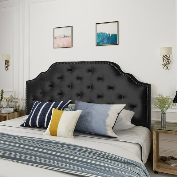 SSyao Falcon Contemporary Tufted New Velvet Queen/Full Headboard w/ Nailhead Accents, Black