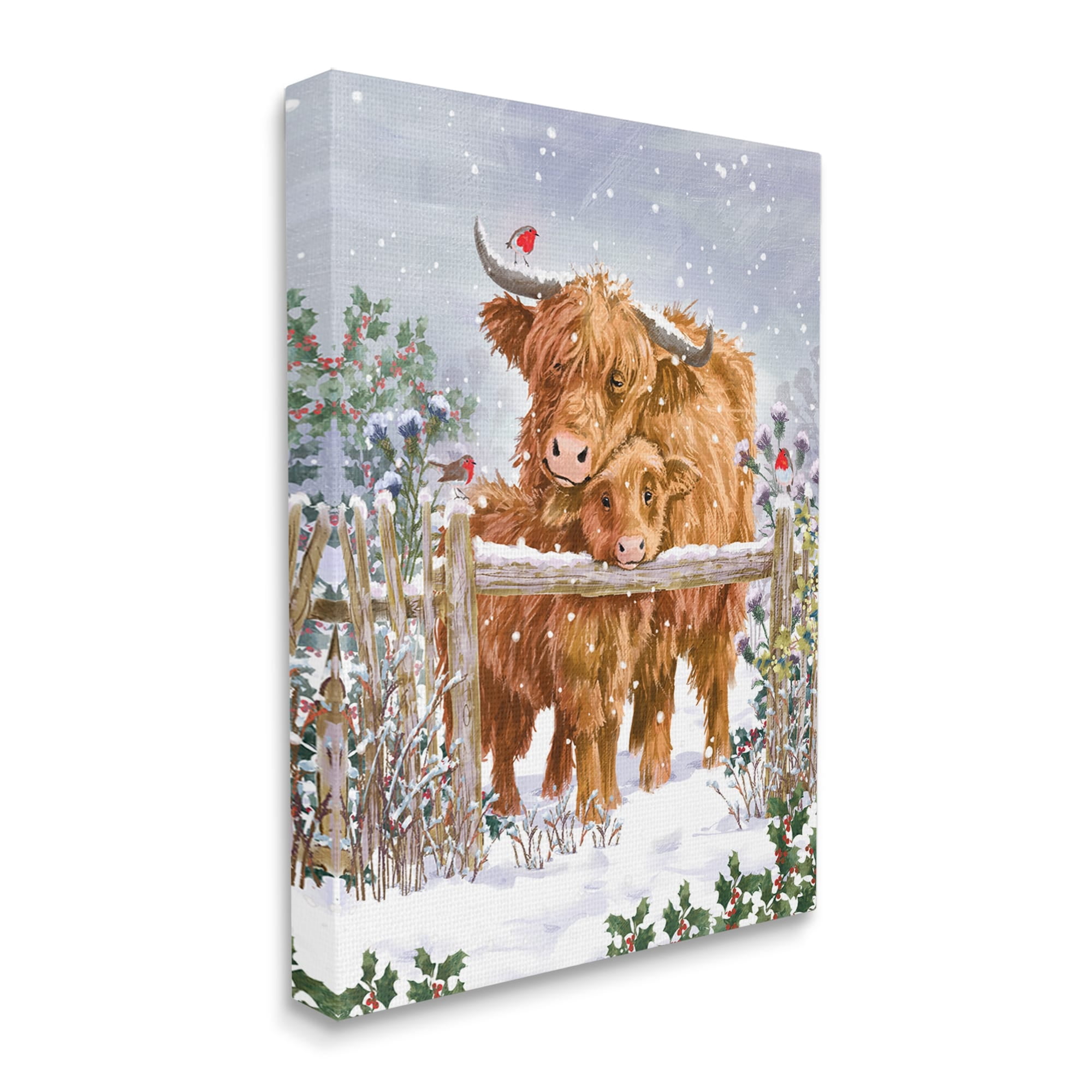 Stupell Industries Winter Cattle Cuddling Snow Scene Holiday Painting Gallery Wrapped Canvas Print Wall Art