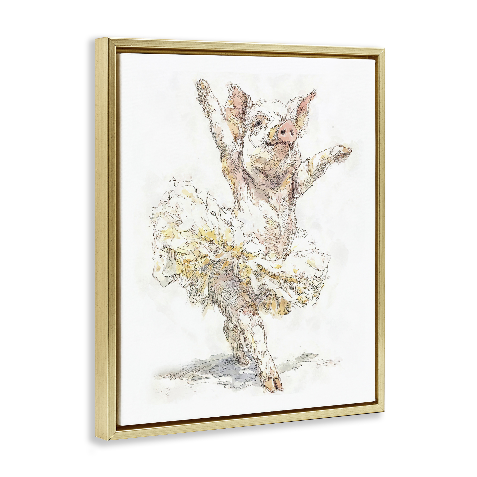 Ballet Pig Tutu Gold Framed Floater Canvas Wall Art, design by Ziwei Li
