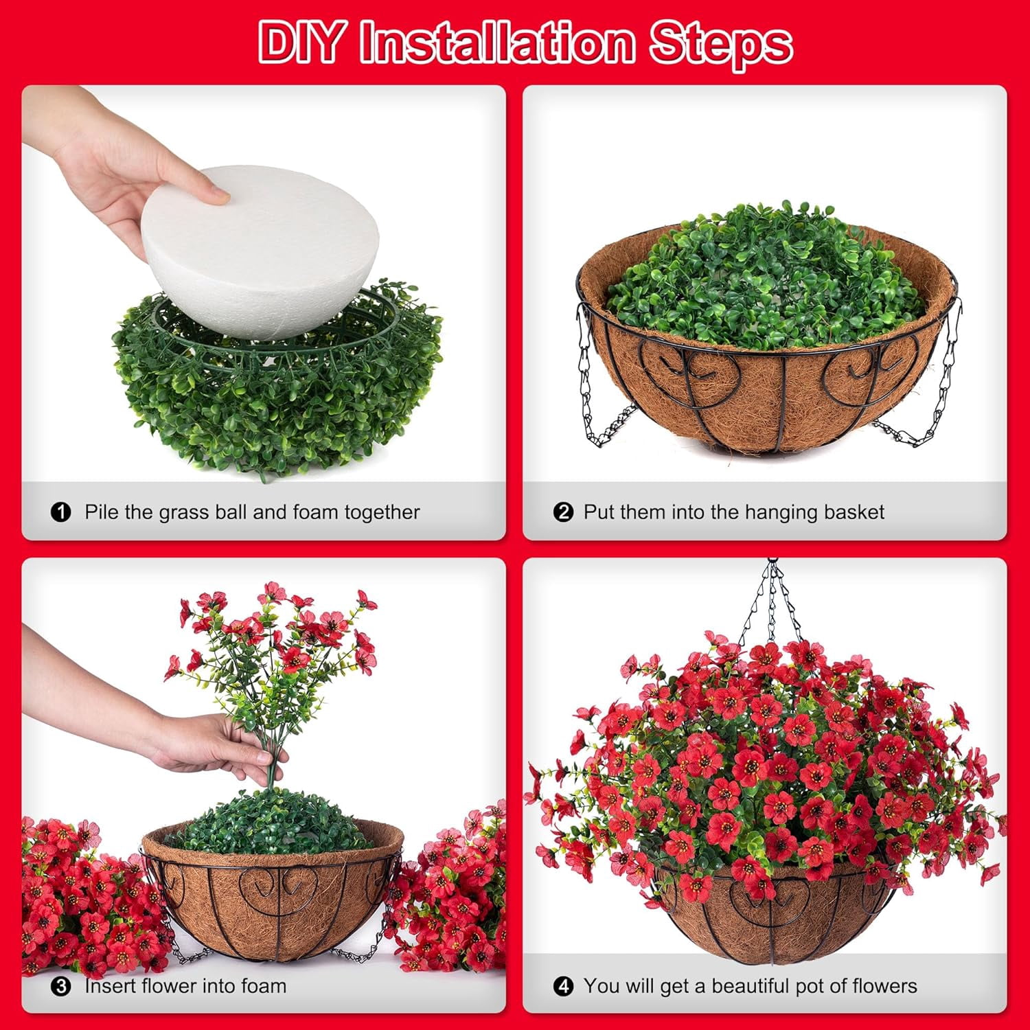 Artificial Flowers Hanging Basket for Outdoor Indoor Spring Decoration,Fake Silk Colorful Daisy Eucalyptus in Metal Coconut Lining Flowerpot Arrangement for Patio Yard Decor(Purple)