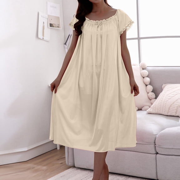 YUTK Nightgowns for Women Cotton Sleepwear Women's Sexy Nightdress Lingerie Sleepwear Solid Color Sexy Loose Pajamas Beige Free Size
