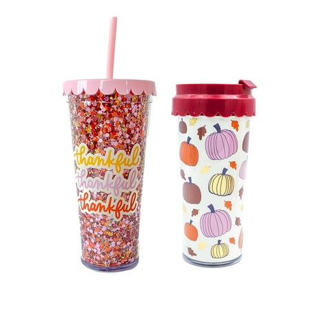 Packed Party 'Fall Into Fun' Sipper 2-Pack, Double Wall Plastic Straw Tumbler and Coffee Tumbler Set