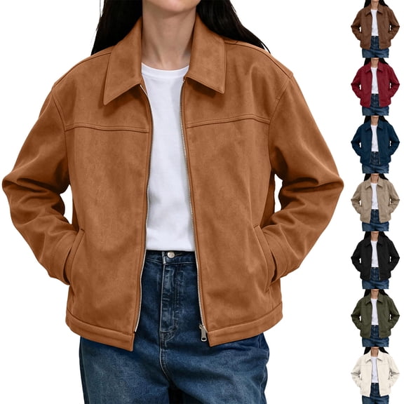 Xinoom Women's Faux Suede Zip Up Work Jacket, Point Collar Long Sleeve Boxy Cropped Utility Coat with Side Pockets, Casual Fall Outerwear Army Green,L