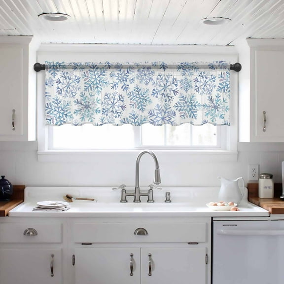 Blue Snowflake Christmas Valance Curtains for Kitchen/Living Room/Bathroom/Bedroom Window, Xmas Winter Snowflake Rod Pocket Small Topper Half Short Window Curtains Voile Sheer Scarf 42"x12"