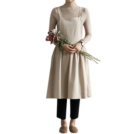 

Cotton Linen Kitchen Bib Apron Women Solid Color Coffee Shop Work Apron for Cooking Baking Painting BBQ Oat Color