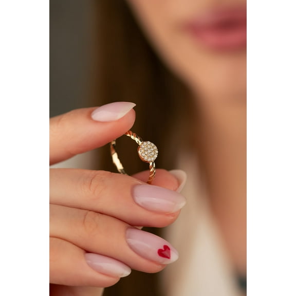 14K Solid Gold Twisted Round CZ Ring