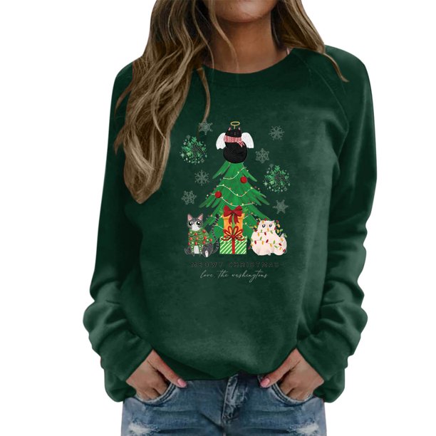 Gibobby Sudaderas de Navidad para mujer Sudadera informal con cuello redondo y hombros para mujer, manga larga, árbol de Navidad, caja de regalo, estampado de gatito(Verde,CH)