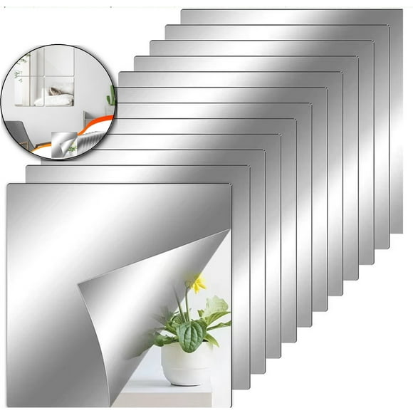 Dvruxg 12-Pack Flexible Mirror Sheets, Self Adhesive Decorative Plastic Mirror Tiles Non-Glass Mirror Stickers for Home Wall Decor