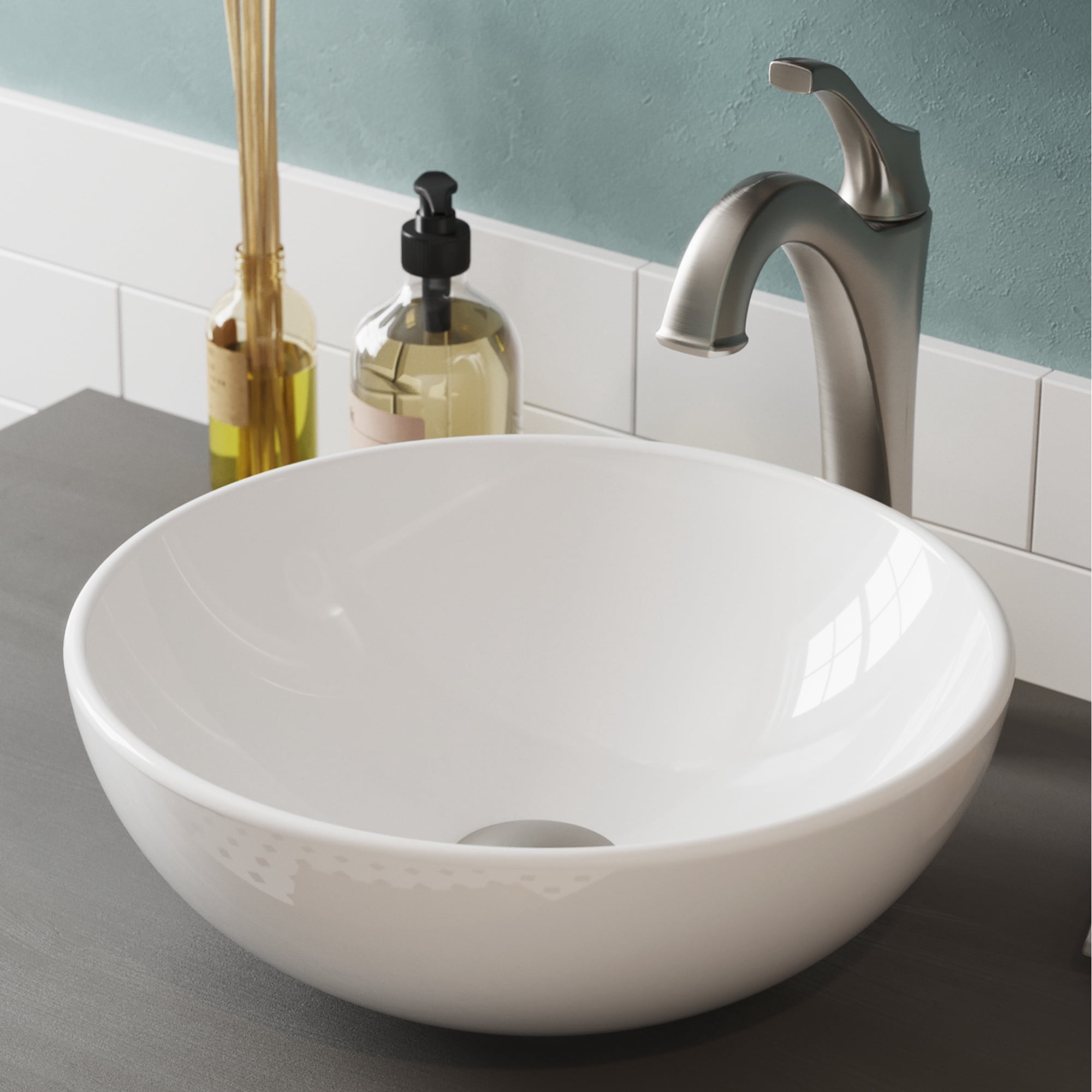 KRAUS Elavo 14-inch Round White Porcelain Ceramic Bathroom Vessel Sink and Spot Free Arlo Faucet Combo Set with Pop-Up Drain, Stainless Brushed Nickel Finish