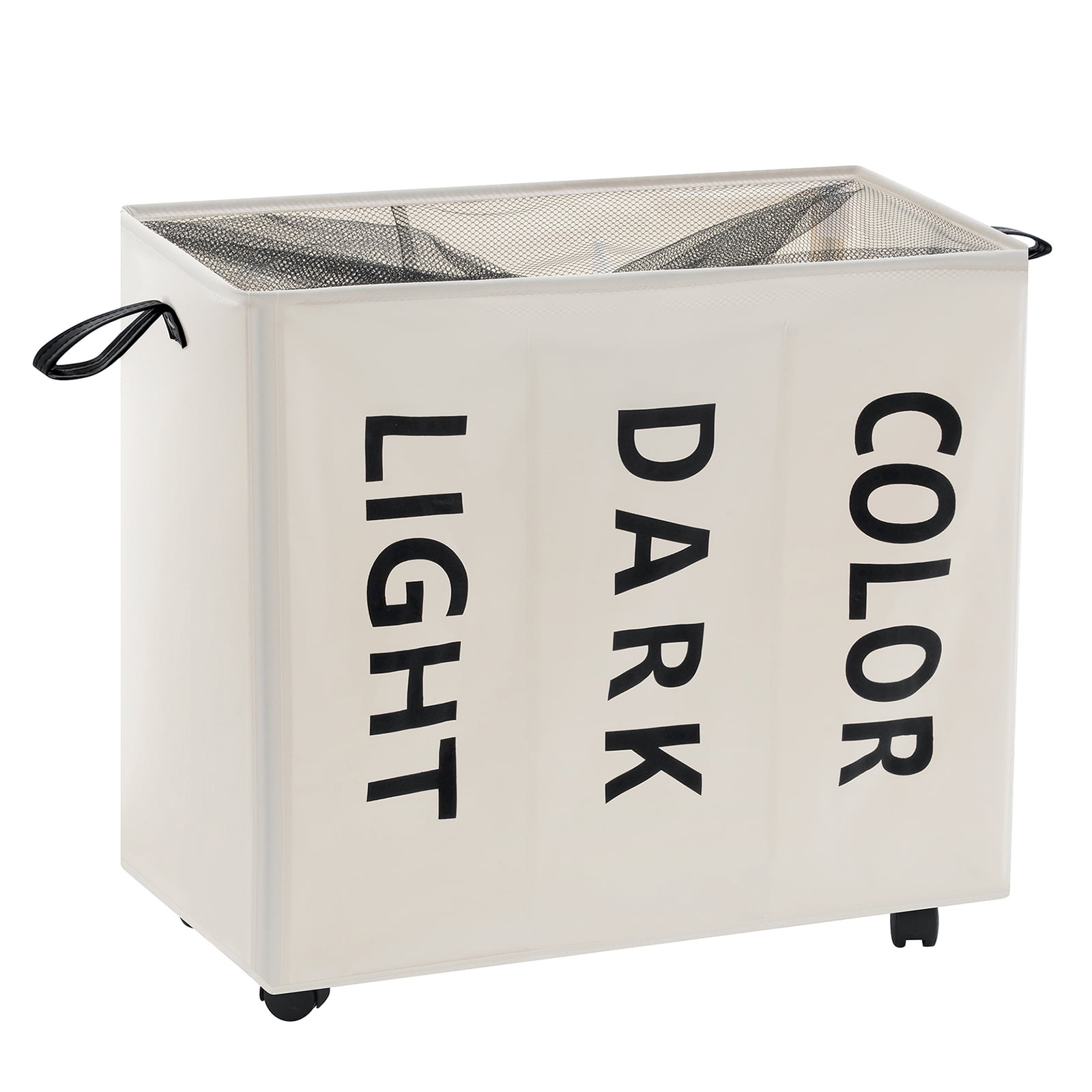 Laundry Hamper 3 Section Laundry Hamper Sorter with Wheels Large Rolling Laundry Basket 25x13x29 inches Laundry Cart 121L with Leather Handle for Laundry Bathroom Clothes, Beige