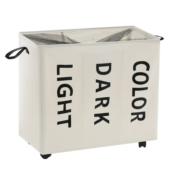 Laundry Hamper 3 Section Laundry Hamper Sorter with Wheels Large Rolling Laundry Basket 25x13x29 inches Laundry Cart 121L with Leather Handle for Laundry Bathroom Clothes, Beige