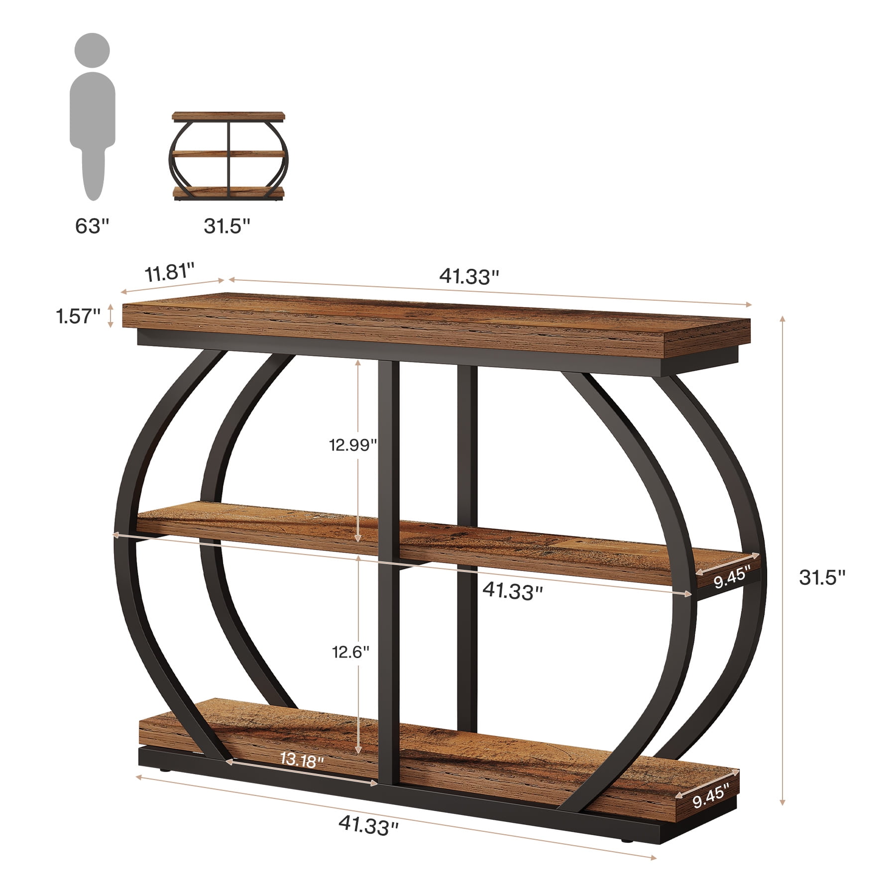 Tribesigns 41.3" Industrial Console Table: 3-Tier, Arched Metal Frame, Entryway Table with Storage Shelves, Mix Brown & Black