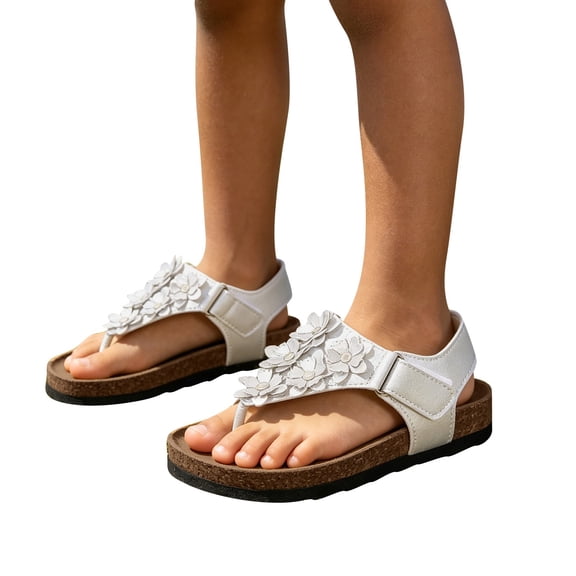 Girls Vacation Flower Flat Sandals Thong Sandals With Adjustable Strap Kids Summer Footwear 4-13 Years