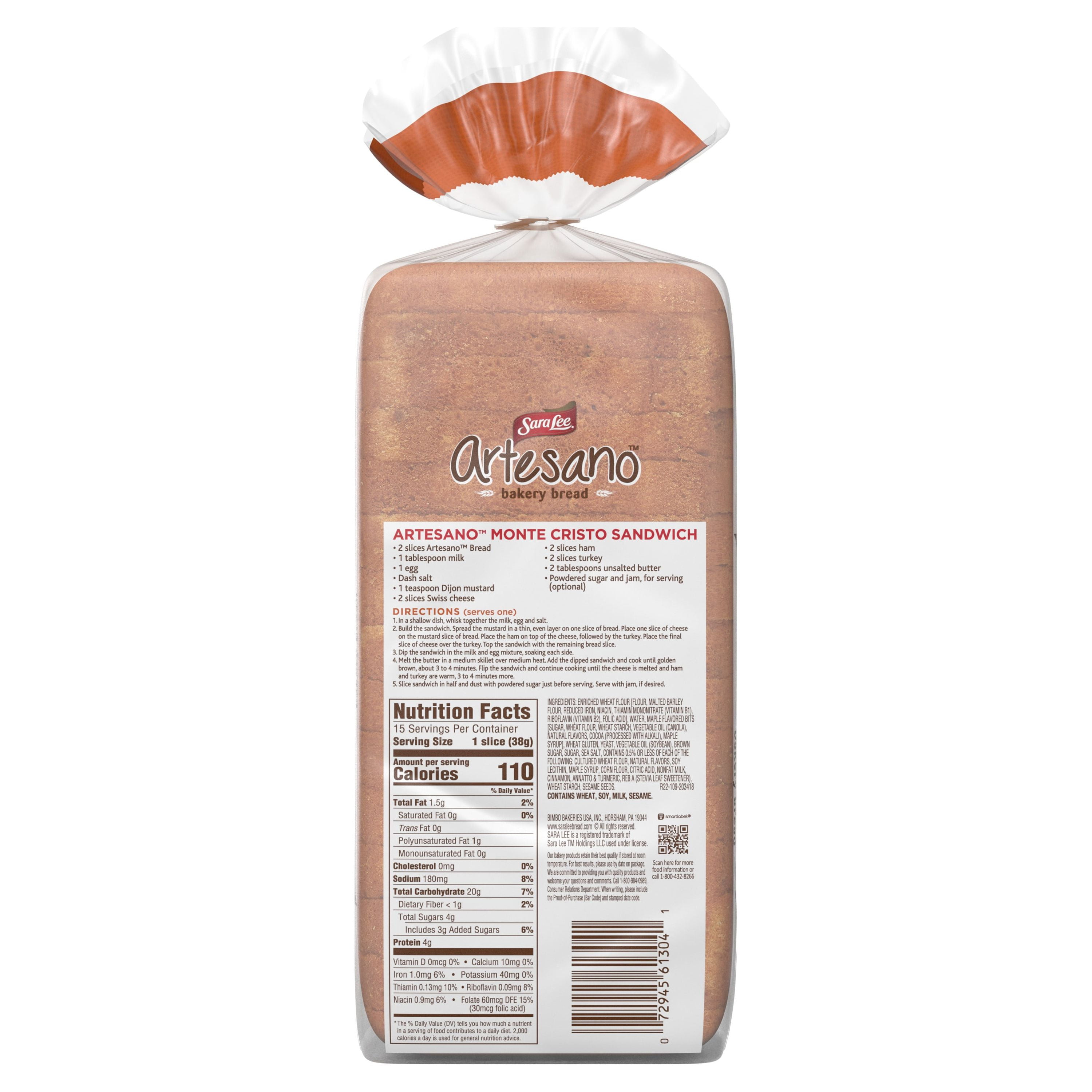 Sara Lee Artesano Maple & Brown Sugar Split Top Bread, Naturally Flavored, No Artificial Colors or Flavors, 15 Slices, 20 Ounce Loaf