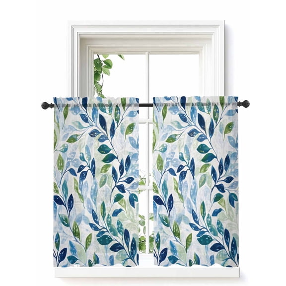 Navy Blue Leaves Tier Curtains 45 Inch Length, Sheer Curtains for Bedroom Living Room Window Green Summer Botanical Rod Pocket Voile Drapes Kitchen Curtains Small Half Window 27.5"x45" 2 Panels