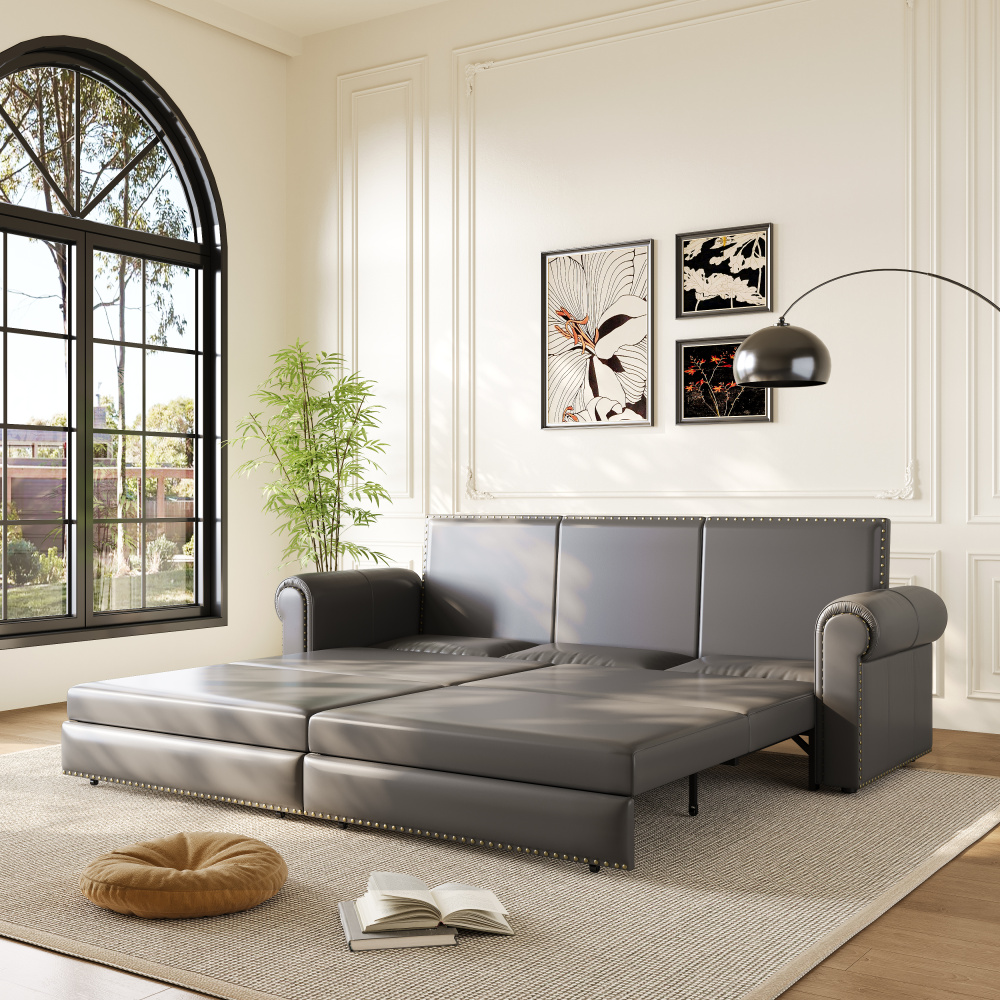 Chesterfield Sofa,93.7" King Pull Out Sofa Bed,3-in-1 Faux Leather Convertible Sleeper Sofa with Nailhead Trim & Rolled Arm,Multi-Functional Sofa Bed for Living Room,Bedroom, Grey