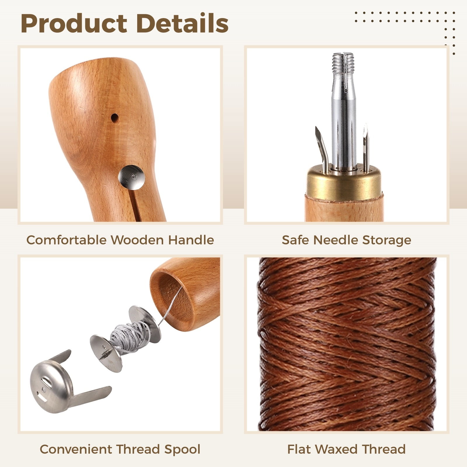 Leather Sewing Awl Thread Kit, 13 PCS Portable Sewing Awl Kit, Wood Handle Stitching Awl, Manual Sewing Awl with Needles & Waxed Thread, Hand Stitcher Repair Tool for Leather, Heavy Fabrics, Canvas