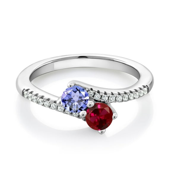 Gem Stone King 925 Sterling Silver Blue Tanzanite and Red Created Ruby Bypass Ring for Women (0.79 Cttw, Gemstone December Birthstone, Round 4MM, Available in Size 5, 6, 7, 8, 9)
