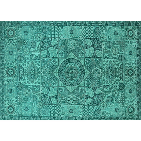 Ahgly Company Machine Washable Indoor Rectangle Oriental Turquoise Blue Industrial Area Rugs, 6' x 9'