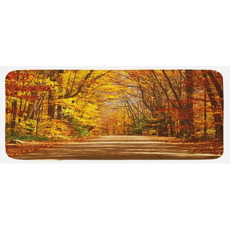 

Fall Kitchen Mat Scenic View Outdoors Empty Roadway Surrounded with Deciduous Trees Image Plush Decorative Kitchen Mat with Non Slip Backing 47 X 19 Redwood Yellow Orange by Ambesonne