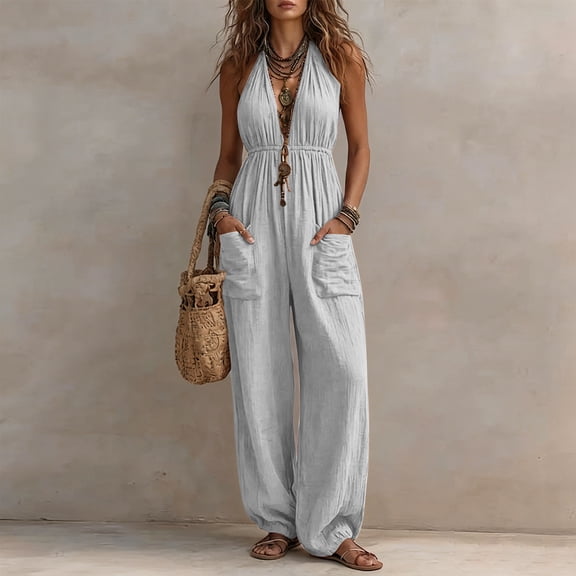 YYV Jumpsuits for Women Casual Summer Solid V Neck Sleeveless Wide Leg Jumpsuit with Pockets Loose Flowy One Piece Romper Gray M