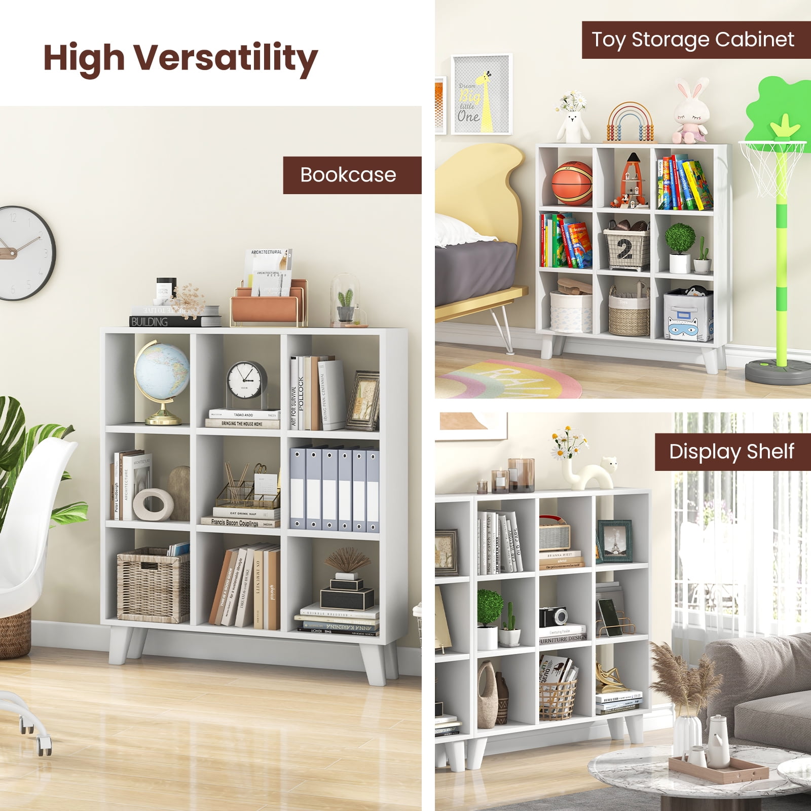 Topbuy 9-Cube Open Bookcase 3-Tier Floor Standing Bookshelf with 4 Slanted Legs 6 Removable Shelves White