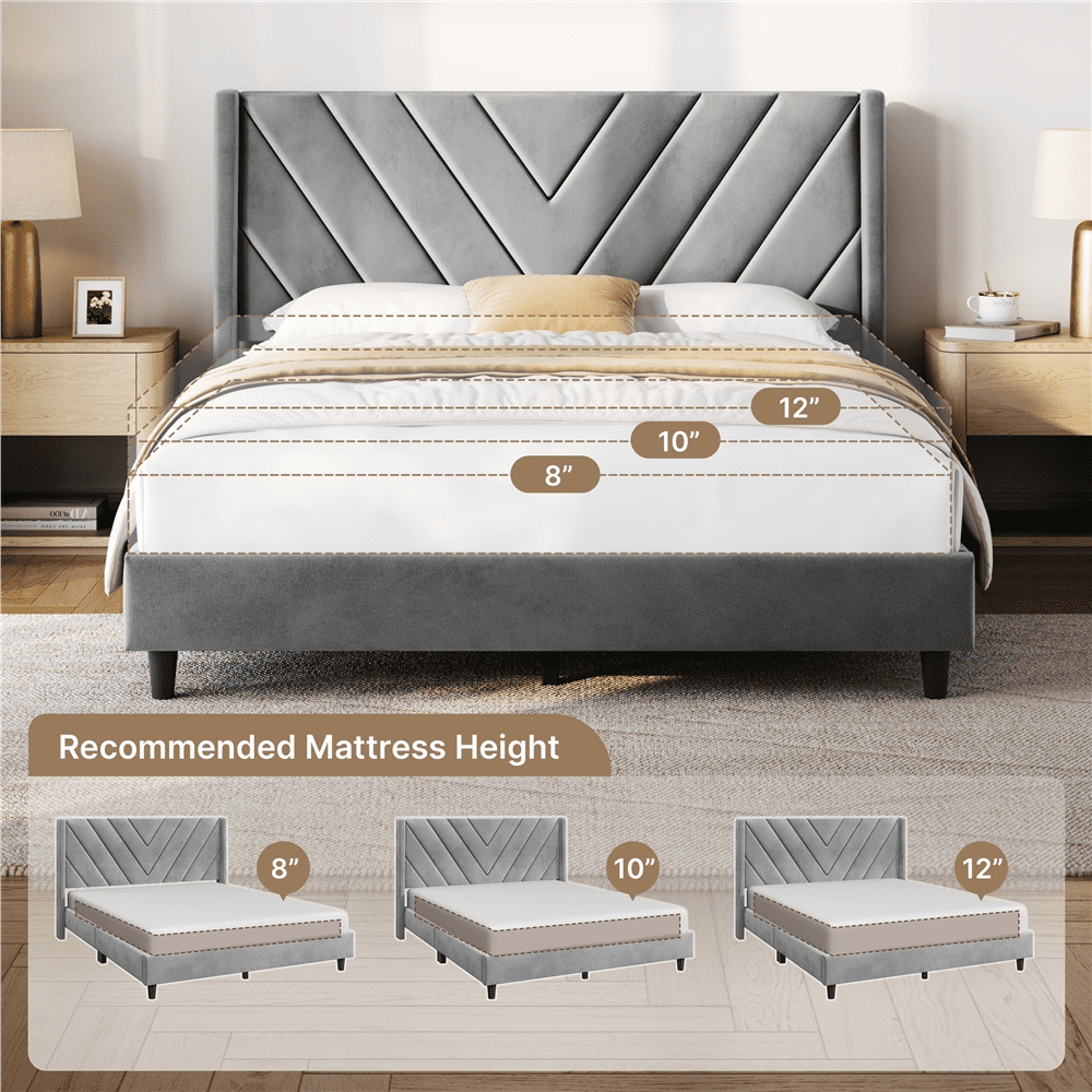 Yaheetech Queen Size Upholstered Platform Bed Frame, Wooden Slat Support, Light Gray