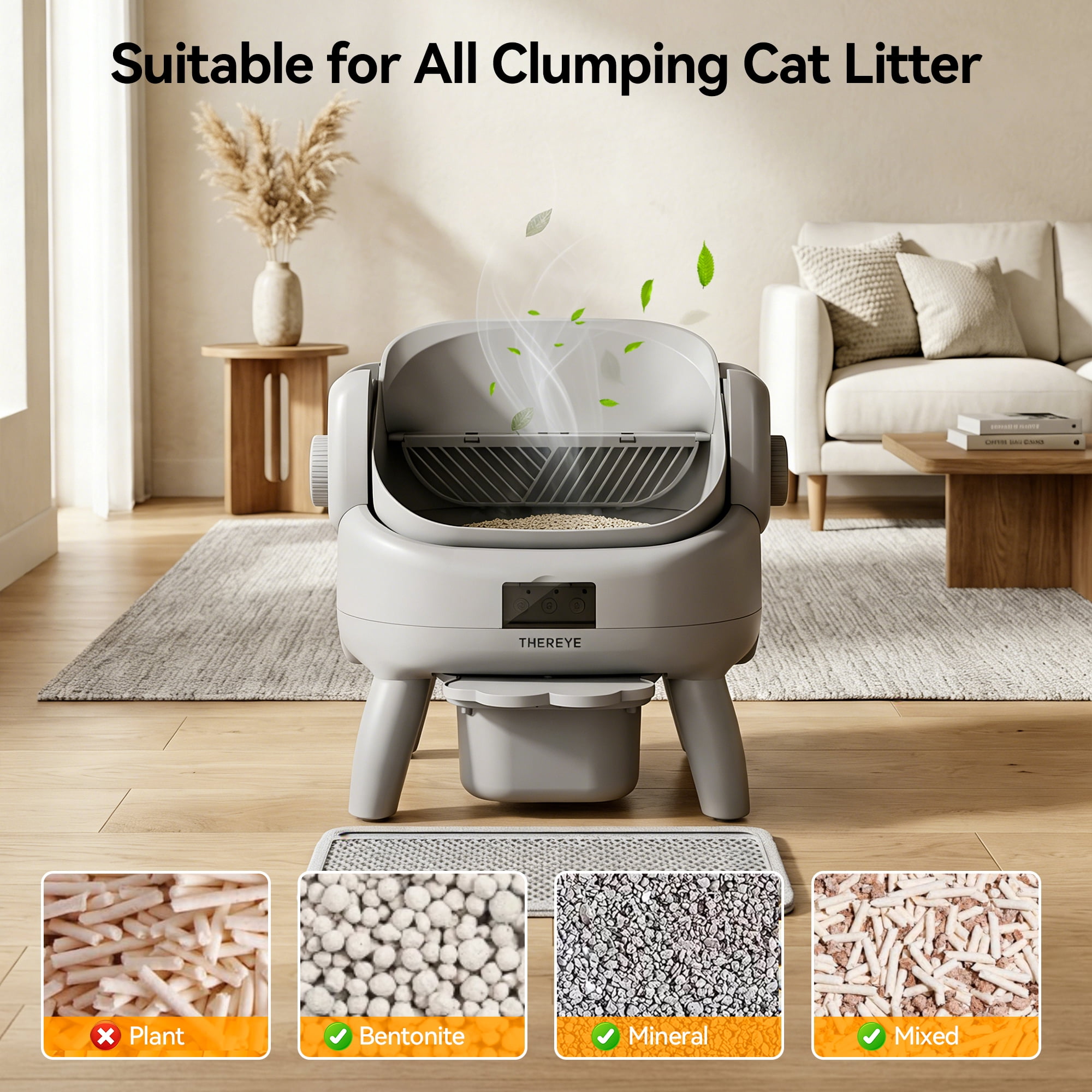 Osoeri Self-Cleaning Cat Litter Box,Open-Top Large Automatic Litter Box for Multiple Cats,App Control,Integrated Safety Protection,Odor-Free,with Trash Bags,Waterproof Mat and Litter Mat,Gray