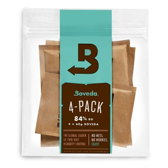 Boveda For Seasoning Two-Way Humdity Control Packs – 84% RH to Season a Wood Humidifier Box (Small- to Medium-Size, Up to 100-Count) – Size 60 – 4 Pack in a Resealable Bag